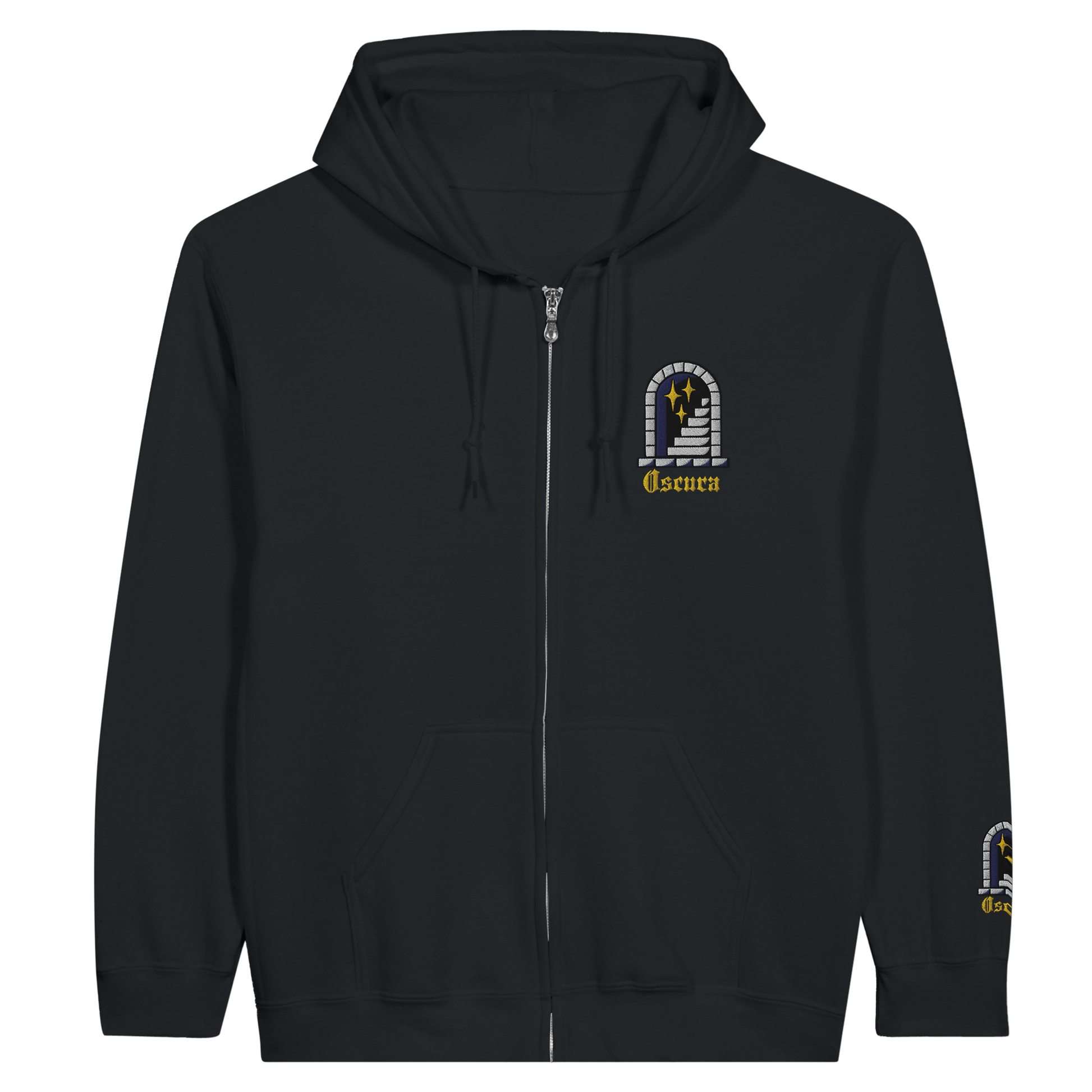 Into The Unknown Embroidered Unisex Black Zip Hoodie – The Oscura Into The Unknown Embroidered Unisex Black Zip Hoodie – The Oscura