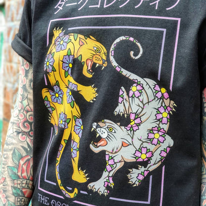 Floral Felidae Unisex Black T-shirt